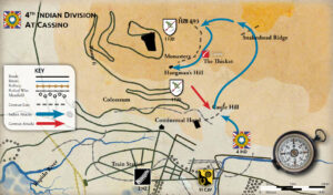 Karte der Einsätze der 4. Indischen Division bei Cassino